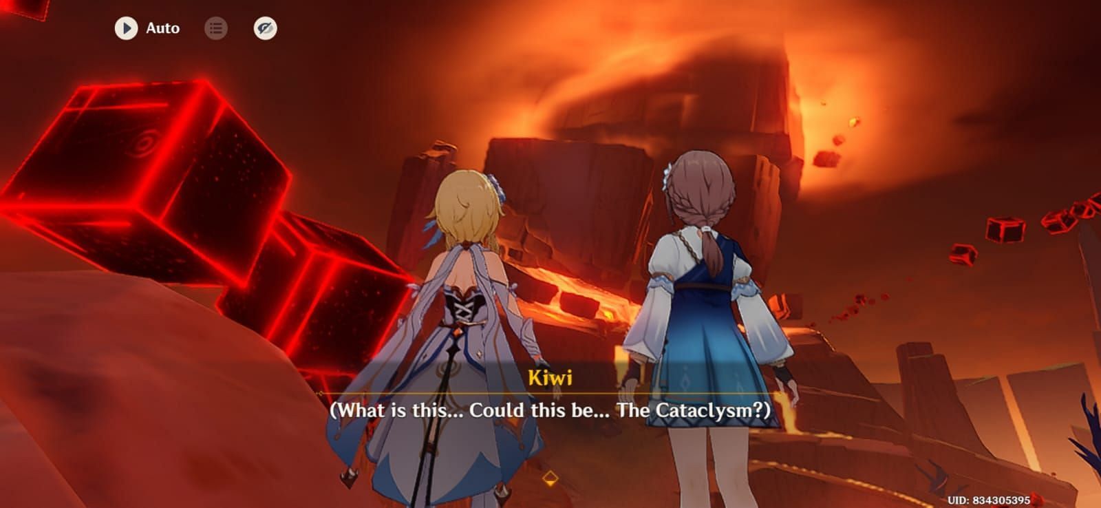 The Cataclysm in Genshin Impact shown in the space time shift (Image via HoYoverse)